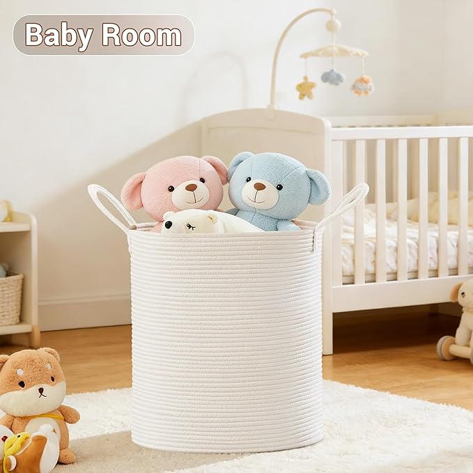 Tall Laundry Basket with Handles, 88L Portable Dirty Clothes Hamper, Boho Cotton Rope Storage Bin for Blankets Kids Toys Gifts, Large Organizer for Baby Nursery Bedroom Bathroom, White