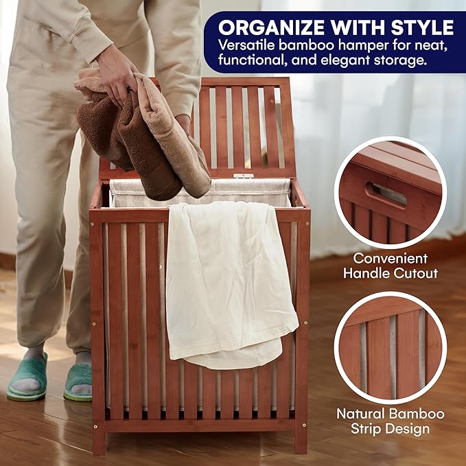 2LB Depot Bamboo Laundry Hamper - Dark Brown Organizer with Lid - Solid Wood Construction with Canvas Liner and Wooden Rods - Hand Grips for Portability - Stylish and Durable Laundry Basket -78L