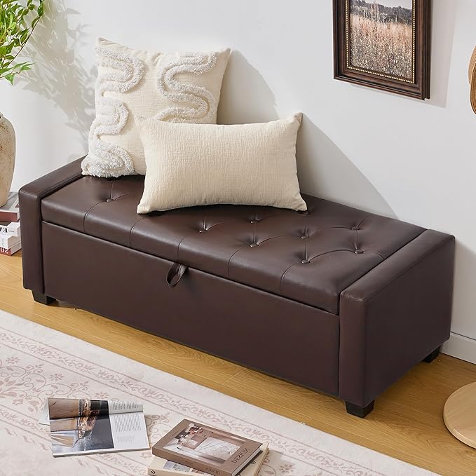 48" Ottoman with Storage, Storage Ottoman Bench with Safety Hinge, Upholstered Entryway Bench with Seating for Bedroom, Living Room, Holds up to 330 lb, Dark Brown