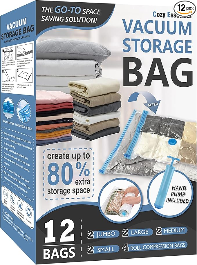 12 Pack Space Saver Bags (2 Jumbo/2 Large/2 Medium/2 Small/4 Roll) Compression Storage Bags for Comforters and Blankets, Vacuum Sealer Bags for Clothes Storage, Hand Pump Included