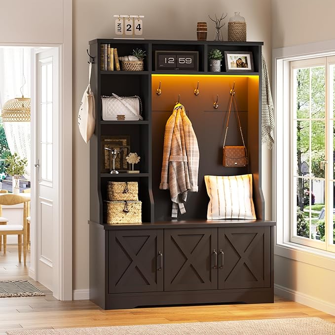 Hall Tree with Bench and Shoe Storage, Farmhouse Entryway Bench with Coat Racks and Led Lights, Black Tall Hall Tree with 7 Coat Hooks, 6 Storage Cubbies, Adjustable Shelf