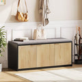 2-Tier Shoe Storage Bench with 3 Doors & Adjustable Shelf, Removable Padded Seat Cushion, 41.3" Entryway Bench for Living Room, Bedroom, Hallway – Wood Grain & Black Modern Farmhouse Design