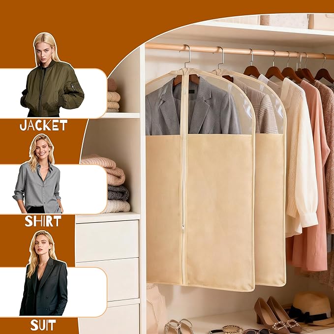 2 Pack 24 x 40 Inches Cotton Garment Bags for Hanging Clothes, Suit Bags for Clothes Coats Jackets Shirts Closet Storage Travel, Garment Covers with Clear Window