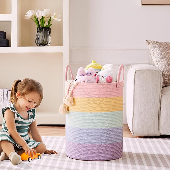 15Dx20H inches Baby Girls Kids Hamper Rainbow Laundry Basket for Nursery Clothes Pastel Unicorn Woven Hamper in Playroom Bedroom Large Tall Blanket Basket