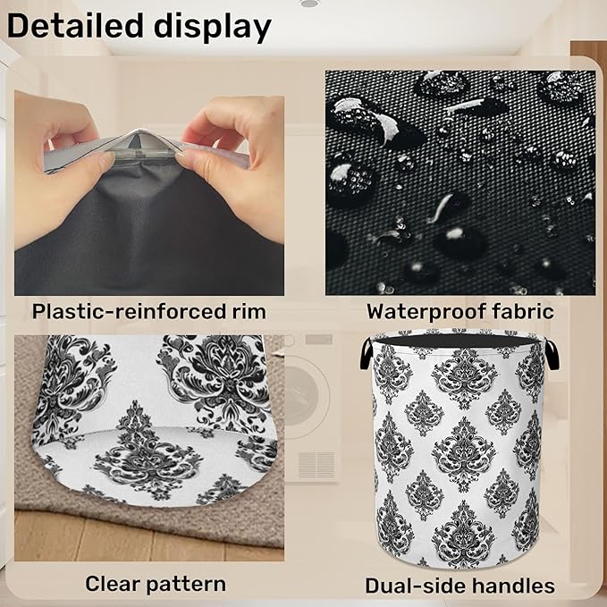 Black White Damask Flower Foldable Laundry Hamper - Waterproof Fabric Storage Basket with Handles, Clothes Hampers for Laundry,Bedroom,Dorm