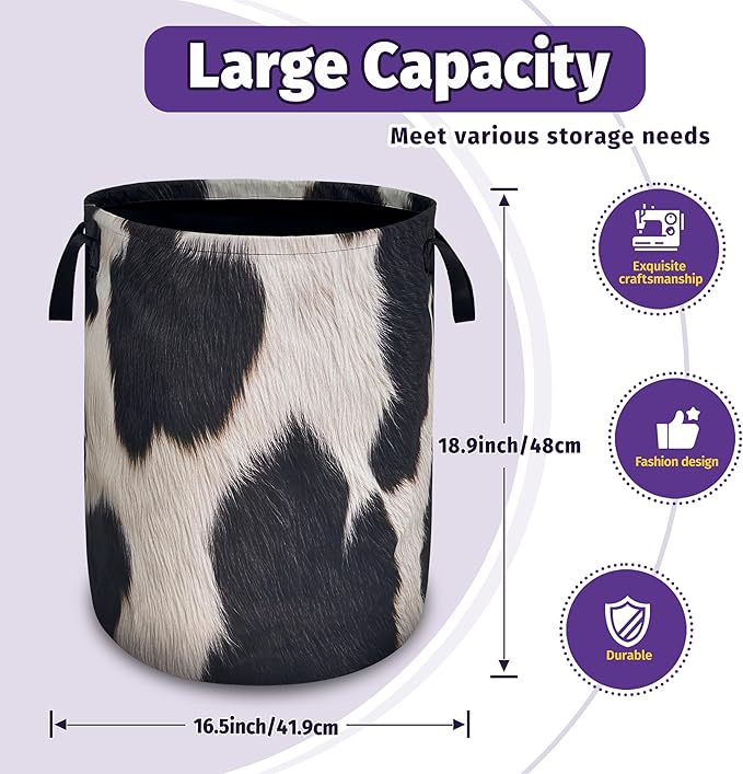 Fashion Cowhide Pattern Laundry Basket Foldable Oxford Cloth With Handle Portable Colorful Storage Basket Organizer Suitable For Laundry Room/Bedroom/Children'S Room (18.9 X 16.5 Inch)