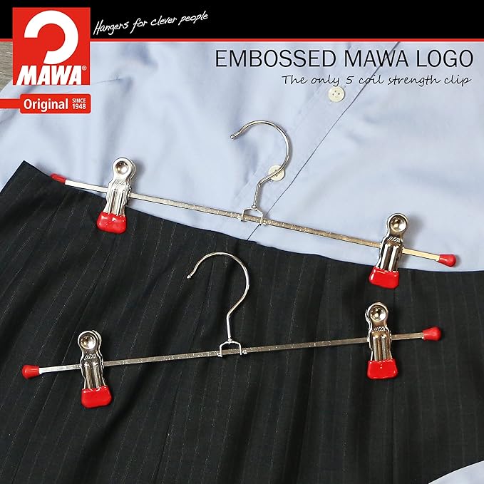 Mawa by Reston Lloyd Non-Slip Space-Saving Clothes Hanger For Pants & Skirts with Two Non-Slip Clips, Style K/30D, 12-Inch, Set of 10, Red