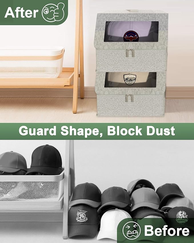 Stackable Hat Organzier for Baseball Caps - 2 PCS Hat Storage Holder Holds up to 26 Caps for Closet, Dust-Proof Hat Boxes Container with Clear Window for Home