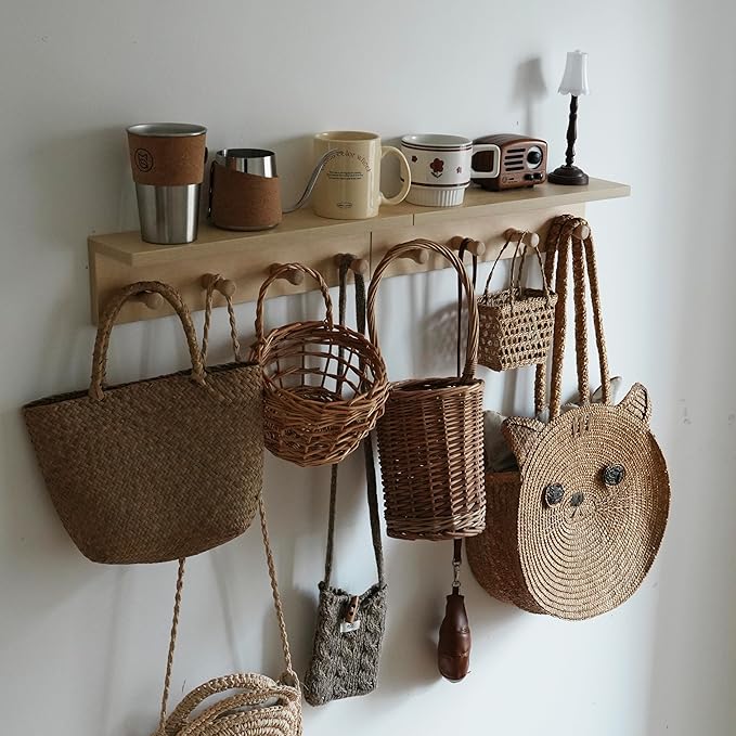 Entrance Coat Rack ，Coat Hooks, Wall-Mounted Wooden Hook Rack, Wall-Mounted Shelves are Very Suitable (Birch Color Finish—A-1)
