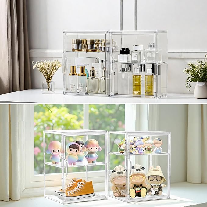 Acrylic Display Case for Collectibles, Clear Storage Bin with 3 Adjustable Layers and1 Removable Divider, Stackable Clear Storage Box with Magnetic Door for Figures, Home or Office,Large,2Pack