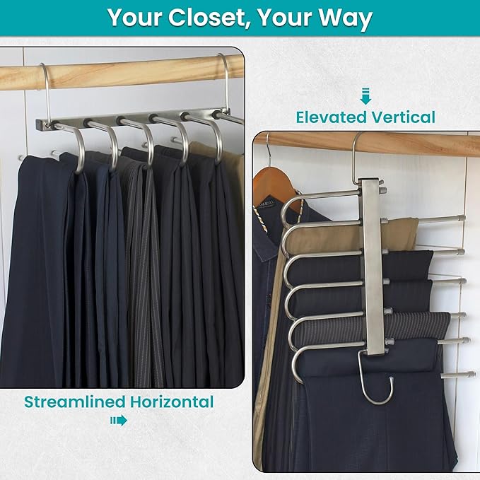 Closet Organizer with Drop-Down Innovation for Pants Skirts Jeans Scarves | Heavy-Duty Metal and Wooden Hangers with Non-Slip Padding for Room Essentials | USTECH Multi Tier Slack Organizer