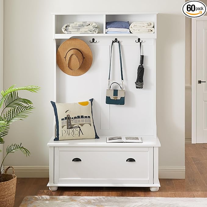 4-in-1 Design Hall Tree Coat Hanger with 4 Hooks and with Two Top Open Storage Shelves, Wood Entryway Coat Rack with Storage Bench for Entrance Hallway (White-3)