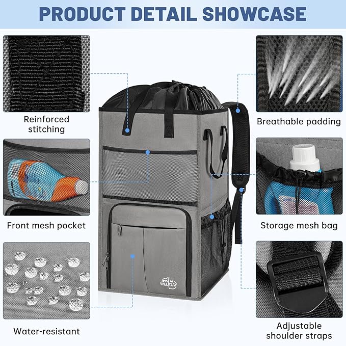 95L Laundry Backpack Bag with 3 Sizes Mesh Wash Bags Empty, Extra Large 2 in 1 Laundry Hamper Basket with Shoulder Straps, Freestanding Laundry Bag for College Dorm, Laundromat, Apartment (Grey)