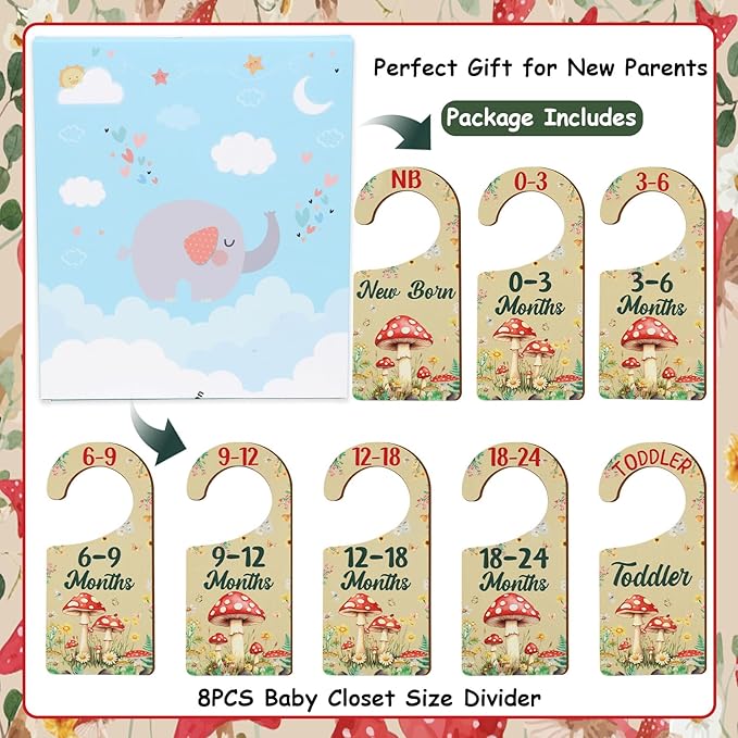 Baby Closet Dividers 8PCS, Mushrooms Themed Wooden Double-Sided Clothes Size Hanger/Organizer from Newborn to Toddler for Nursery Decor Baby Shower Birthday Gender Reveal Party Gift