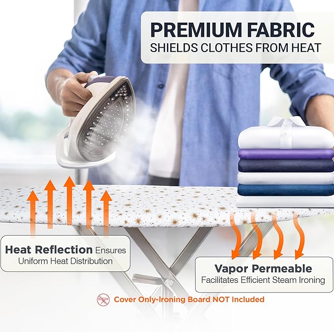 Ironing Board Cover and Pad 15"x54" Extra Thick Natural Cotton, Scorch and Stain Resistant Padding, Standard Size Iron Board Cover with Fasteners Heavy Duty Elastic Edge, Heatproof Starlight