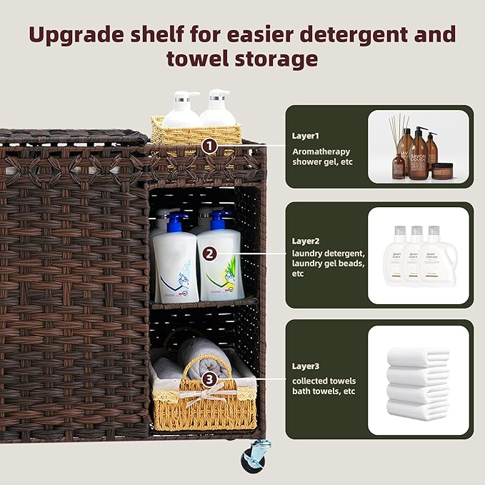 Laundry Hamper with Lid, 160L Rattan Wicker Laundry Basket with Wheels, Handwoven Laundry Hamper 3-Section with Storage shelf(42.3 Gal), Laundry Sorter Basket with Removable Liner,Brown HLH033BR