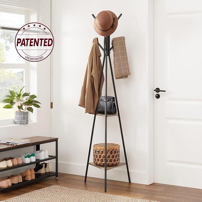 VASAGLE Coat Rack Freestanding, Coat Hanger Stand, Hall Tree with 2 Shelves, for Clothes, Hat, Bag, Industrial Style, Greige and Black URCR016B02
