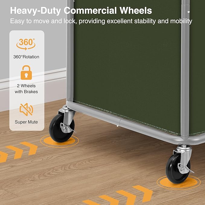 STO STO Commercial Laundry Cart with Lockable Wheels, Extra Large 420L Industrial Rolling Laundry Hamper with Metal Frame, Laundry Basket Trolley with Removable Waterproof Bag, 400 lbs Load, Green