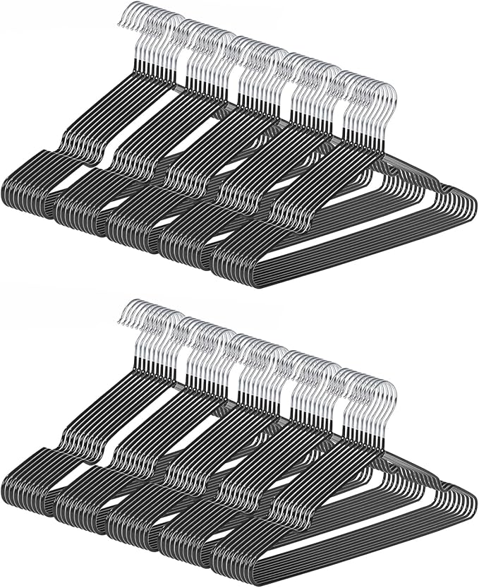 Ultra-Thin Metal Hangers, 100 Pack Non-Slip PVC Coated Space Saving Clothes Hangers for Closet, 16 inch Wide for Suits, Dresses, Jackets（Black）