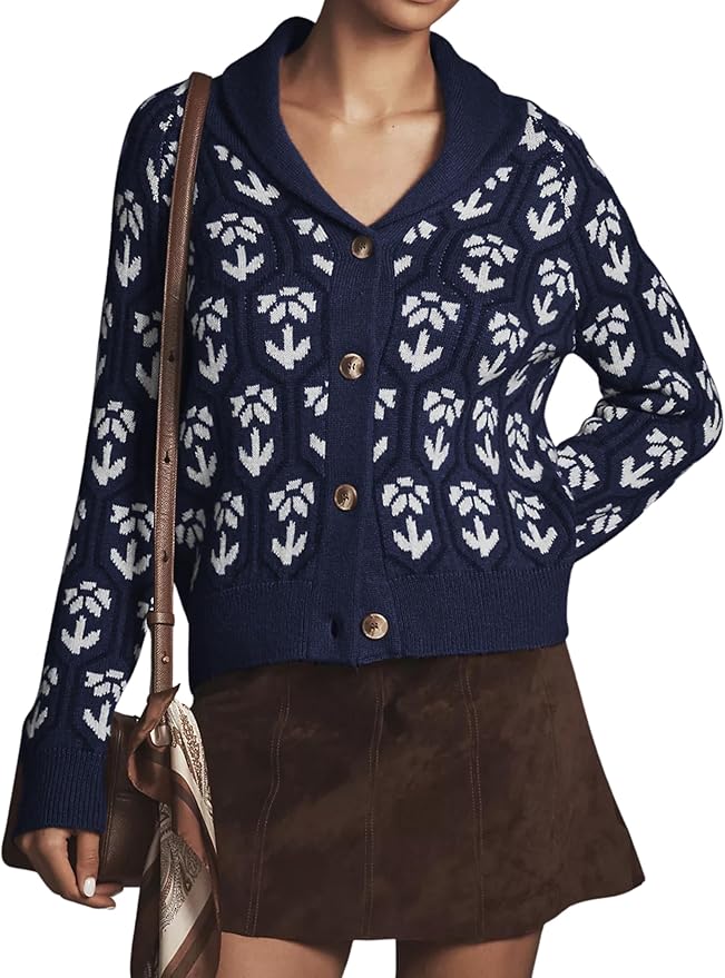 Women Floral Cropped Cardigan Sweaters Shawl Collar Long Sleeve Button Down Knit Jacket Flower Print Knitwear