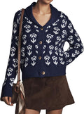 Women Floral Cropped Cardigan Sweaters Shawl Collar Long Sleeve Button Down Knit Jacket Flower Print Knitwear