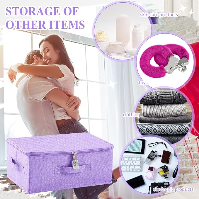 Discreet Lockable Toy Bag Storage Organizer Toy Bag Storage Bins Case with Zipper Lid for Women and Men Clothes Container(Purple,15 x 10 x 6.3 Inch)