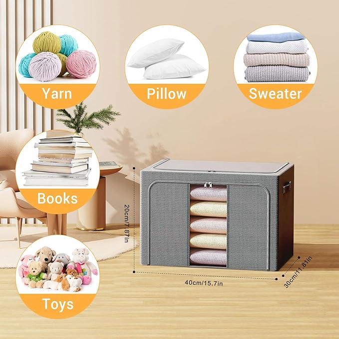 Clothes Storage Bins with Metal Frame Foldable Storage Box Clothes Organizers Storage Containers for Clothes Sheets Blankets Books Toys Gifts and Holiday Decorations (24Lx3 Pack) Deep grey