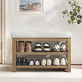 2 Tier Shoe Rack Bench with Cushion, Solid Wood Shoe Benches, Mid-Century Modern Shoe Storage Bench for Entryway, Hallway, Living Room, Closet, Front Door Entrance, (Beige, 31.5")