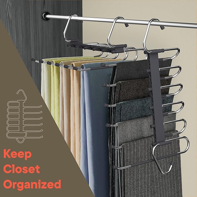 Space Saving Pants Hangers 4 Pack, 6 Layer Jeans Hangers and Closet Organizer for Jeans, Scarves, & Skirts, Multi-Layer Hanger with Anti-Slip Stopper, Heavy-Duty S-Type Stainless Steel, Gray