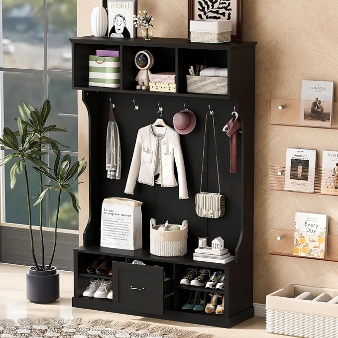 Modern Hall Tree with 6 Hooks, Coat Hanger, Entryway Bench, A Spacious Drawer, Two Adjustable Shelves, 3-in-1 Design Hall Tree for Entrance, Living Room (Black/333)