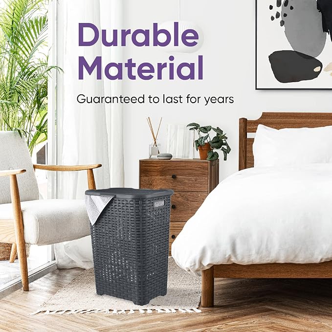 Plastic Laundry Hamper with Lid Laundry Hamper Basket, Grey Tall Cloths Hamper Organizer with Cut-out Handles. Space Saving for Laundry Room Bedroom Bathroom, Wicker Design 60 Liter