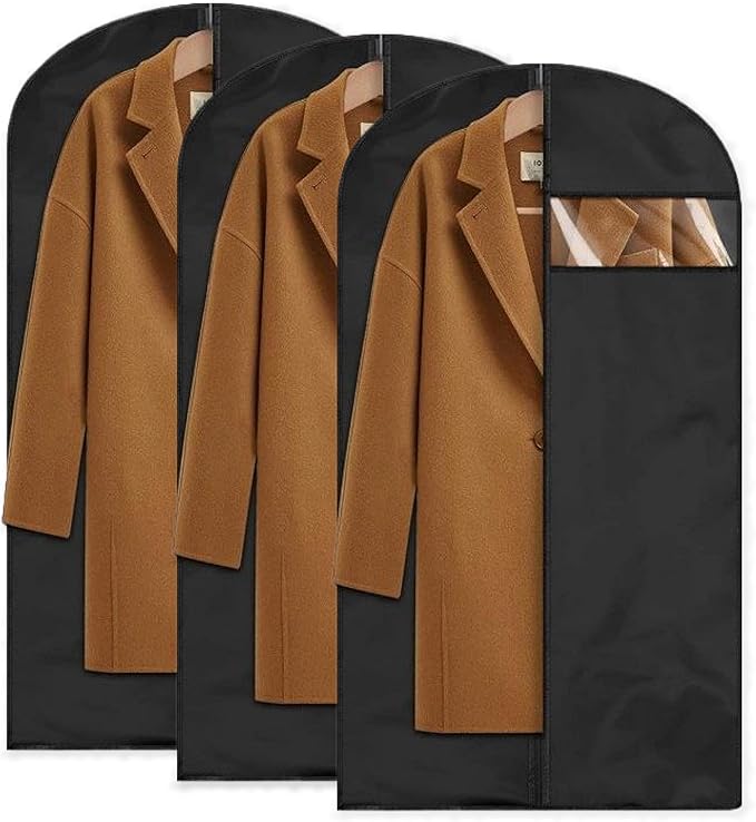 Garment Bag for Storage, Travel, and Dustproof, 40, 48, 60 inches Long, Washable Suit Cover for T-shirts, jackets, suits, and coats, non-woven (black, 24" x 48"-3pcs)