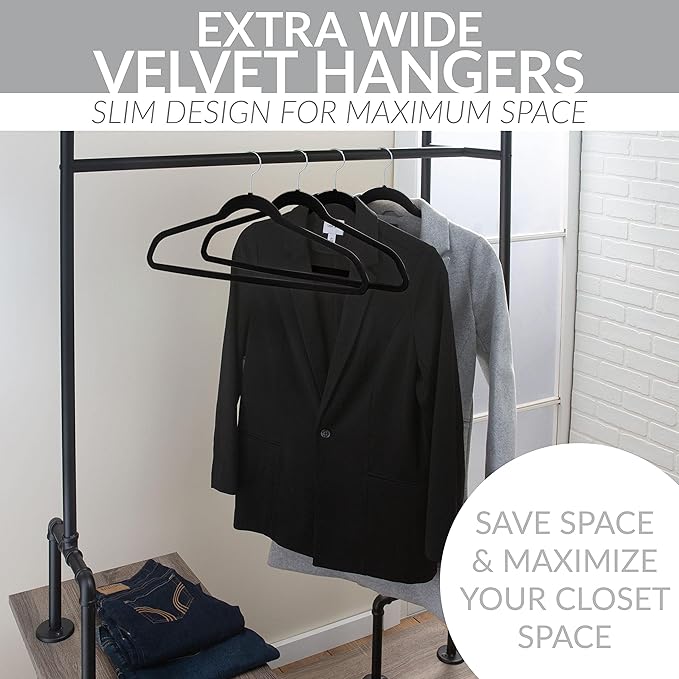 Simplify Extra Wide 21” Velvet Coat Hangers | 6 Pack | Slim Design | Heavy Duty | Holds 10 Pounds | Closet Organization | Shirt & Clothes | Black