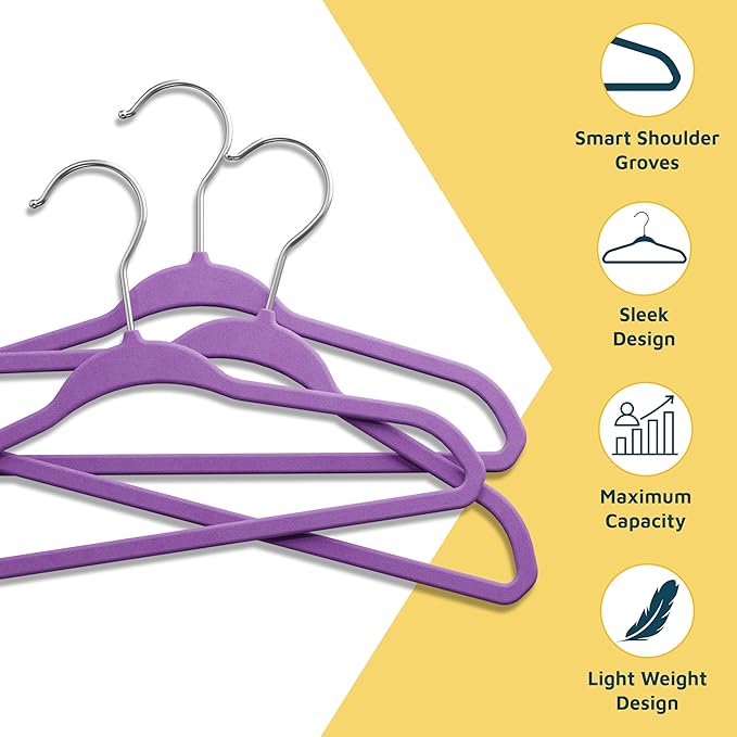 Purple Velvet Kids Hangers 20 Pack, 10.83" Non-Slip Baby & Toddler Hangers for Clothes, Space-Saving Slim ABS Plastic with 360° Swivel Hook & Notched Shoulders, Up to 10 lb Capacity