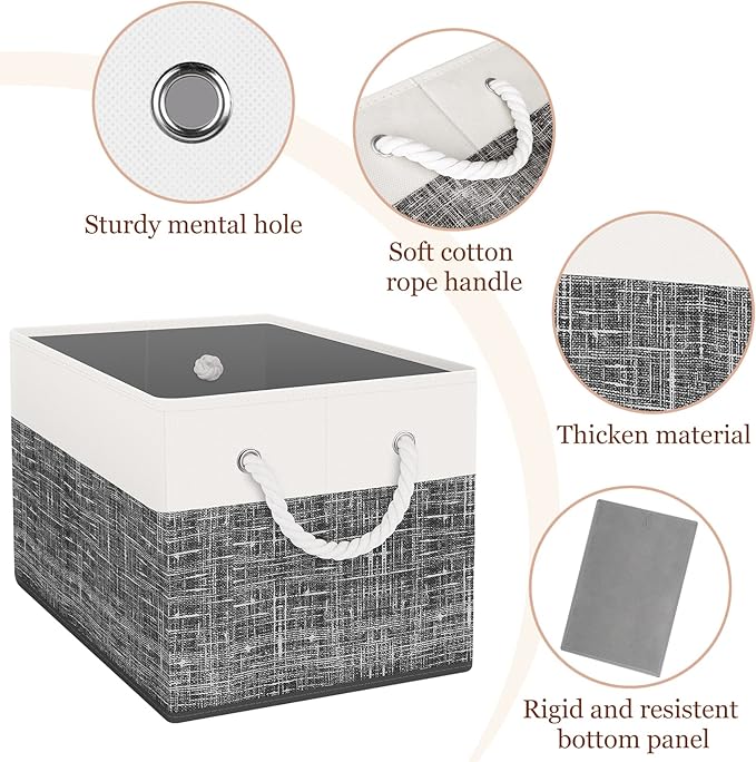 Storage Bin,Collapsible Storage Basket For Organizing,Large Storage Boxes With Rope Handles,Storage Containers,White & Black,2 Pack