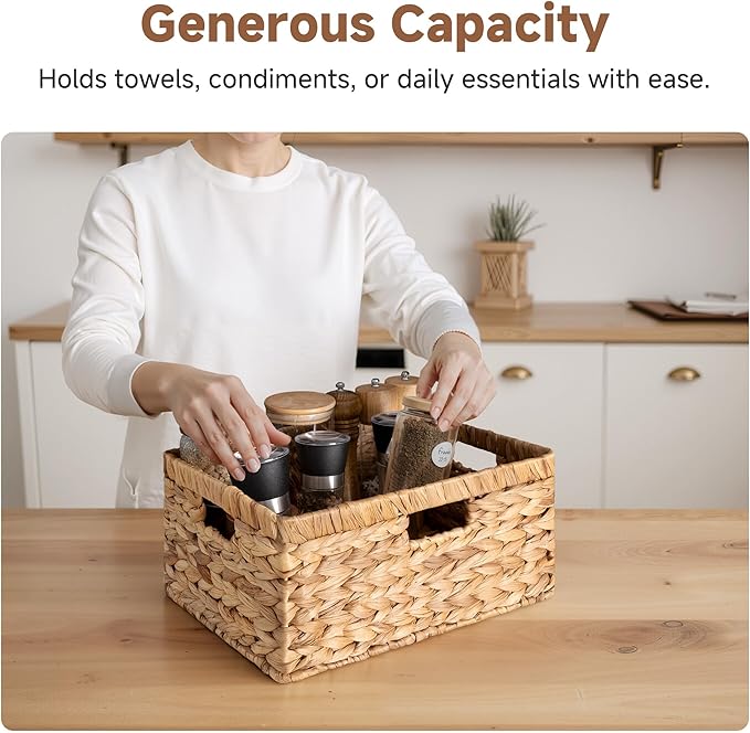 StorageWorks Large Rectangular Wicker Basket, Water Hyacinth Storage Basket with Built-in Handles, 1 Pack