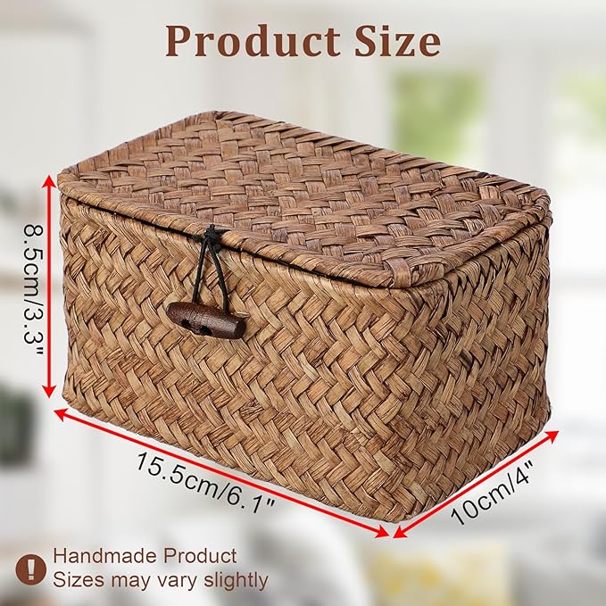 Handwoven Wicker Storage Basket Small Seagrass Box with Lid Multipurpose Table Organizer for Dental Floss Paper Clip Holder, 6.1" x 4" x 3.3"