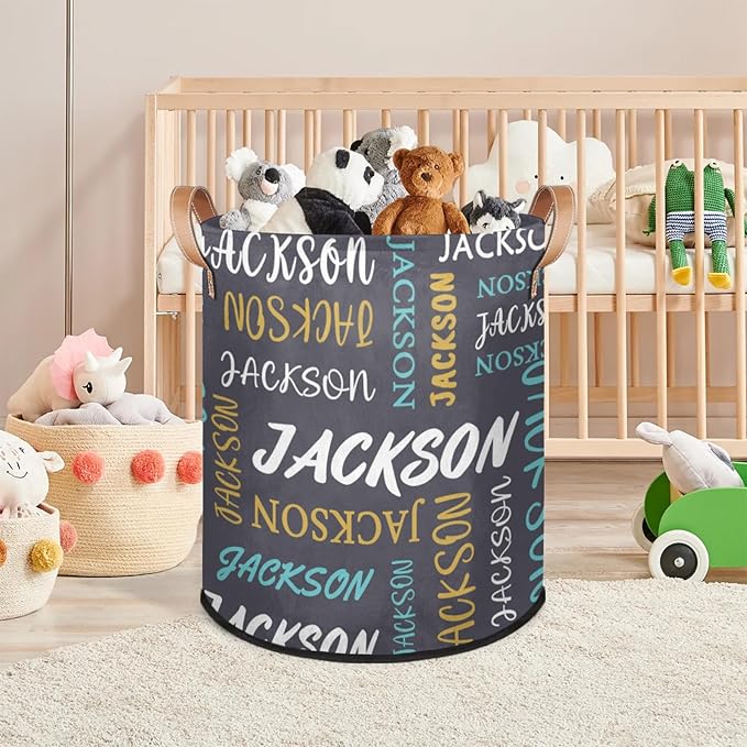 Custom Name Large Laundry-Basket for Kids-Boys-Girls, Personalized Foldable Waterproof Laundry Hamper Dirty Clothes Toys Storage Bin with Handles,Grey