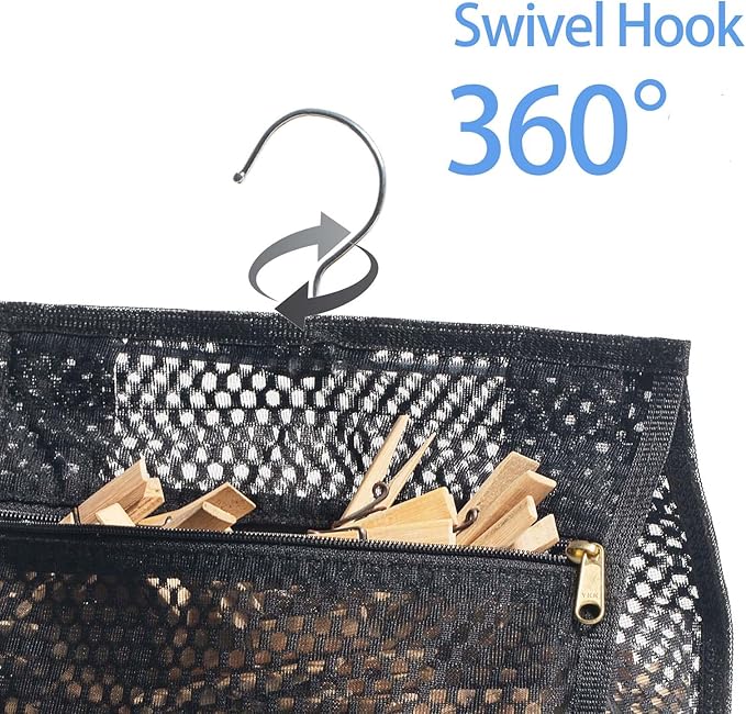 Mesh Clothespin Bag for Clothesline Outdoor, Clothes pin Bag with Zipper Closure, Large Opening, Large-Capacity Clothespin Storage Organizer with Hooks, Use YKK Zipper