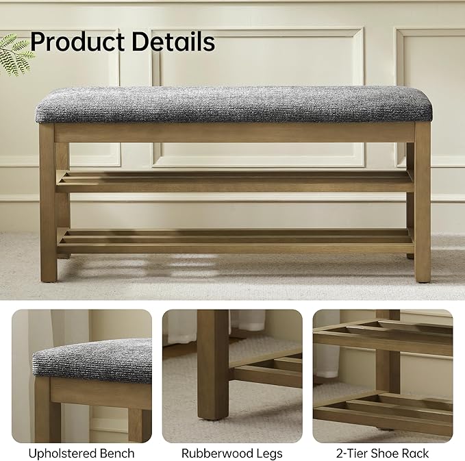 VKNOW 44.3” Wooden Entryway Bench, 2-Tier Upholstered Shoe Bench for Bedroom, Storage End of Bed Bench with Rubberwood Legs for Living Room, Hallway, Black