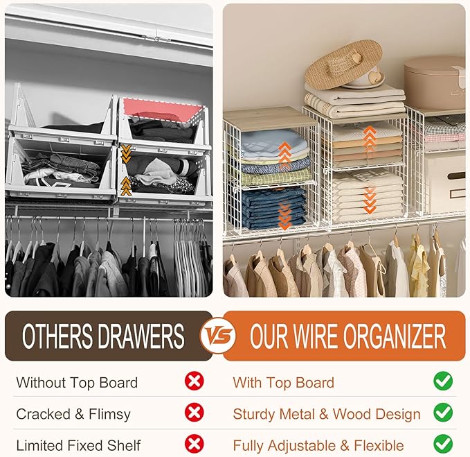 4-Tier Stackable Closet Organizers and Storage, Adjustable Dividers & Wood Top Storage Shelves for Clothes, Wardrobe & Closet Storage Basket Bins/Cube, Space-Saving Closet Organizer System, White