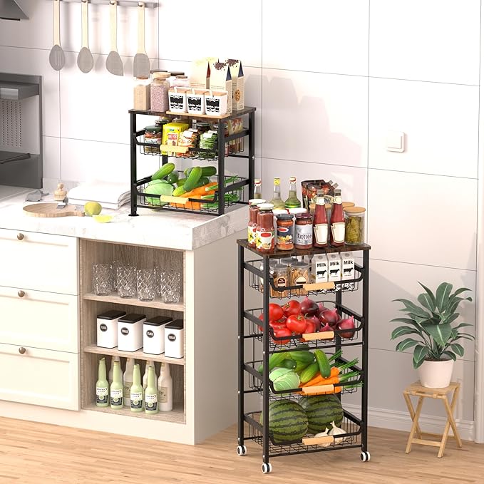 Fruit Vegetable Basket for Kitchen,3 Tier Pantry Organizers and Storage,Snack Organizer for Countertop,Pantry Cart,Metal Wire Storage Shelf Organizer Baskets for Kitchen, Pantry, Bathroom