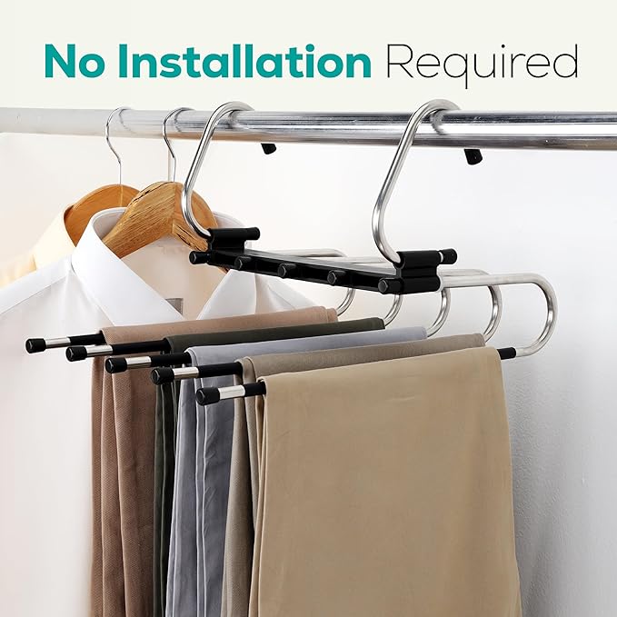 Utopia Home Pants Hangers Space Saving 2 Pack - Space Saving Hangers Or Closet Organizer for Clothes, Scarf, Pants & Skirt with S-Type Stainless Steel Hook & Anti-Slip Design (Black)