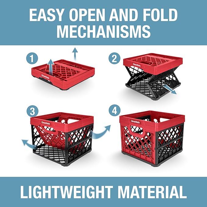 CleverMade Collapsible Milk Crate 25L (6.6 Gal), 50 lb Heavy Duty Folding Crate – Stackable Storage Crates with File Rails, Plastic Collapsible Crates for Storage - Red