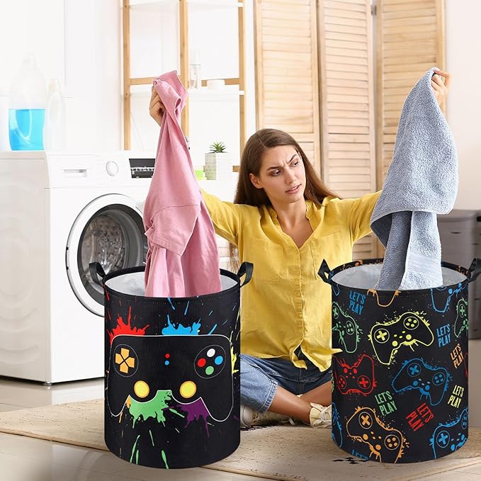 Zhehao 2 Pcs Gamer Laundry Basket Boys Kids Laundry Hamper Gamer Room Decor Gaming Storage Basket Hamper Clothes Organizer Nursery Toy Storage Bin for Easter Gifts Bedroom Bathroom Decoration(Stylish)