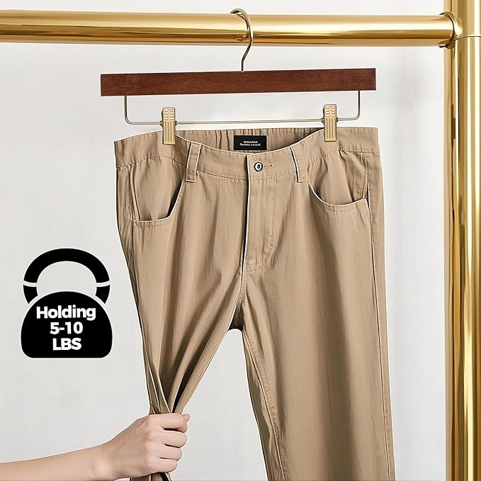 Quality Hangers Wooden Pants Hangers - 10-Pack Swivel Hook Cloth Hanger Set - Lotus Wood Skirt, Pant, Shorts and Slack Hangers with Adjustable Clip (Walnut - Gold Hook, 10)