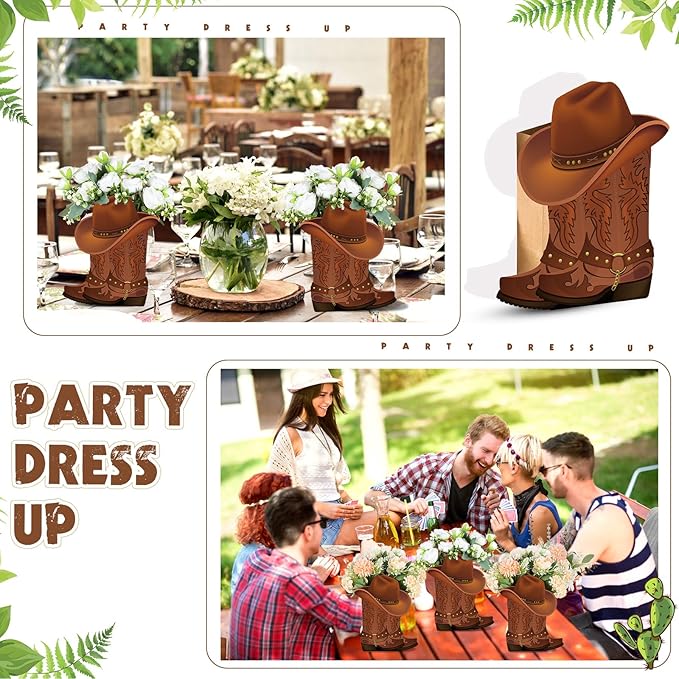Domensi 8 set Western Cowboy Boots Flower Boxes Centerpiece Boot Shape Box Decorations Western Theme Party Boot Gift for Cowboy Cowgirl Birthday Party Baby Shower Wedding Supplies(Brown,Classic)