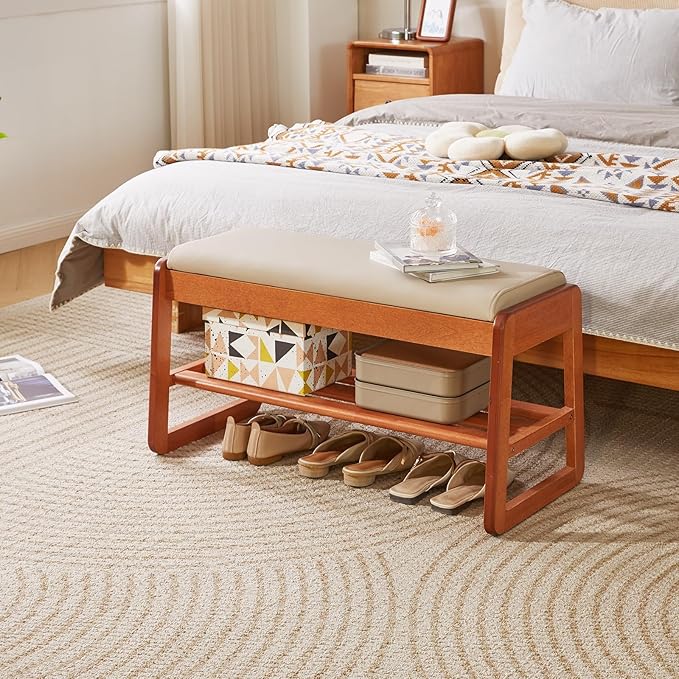 Wood Shoe Bench with Flip-Top Storage, 2-Tier Entryway Shoe Bench, 31.5in Shoe Rack with Cushion for Living Room, Cherry Wood Color YD-WD061C