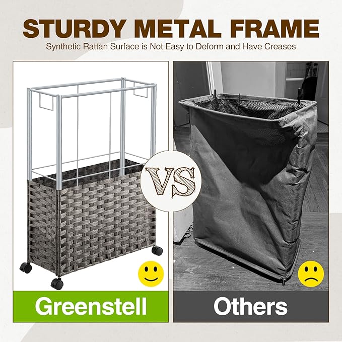 Greenstell Laundry Hamper with Wheels, 17.4 Gallon (66L) Slim Laundry Basket with 2 Removable Liner Bags & 2 Mesh Bags, Narrow Rattan Clothes Hamper for Bedroom, Laundry Room, Bathroom, Grey