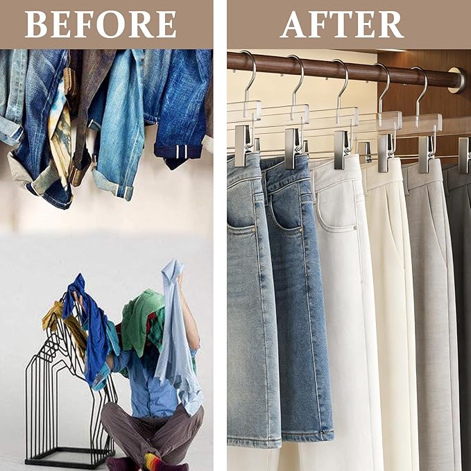 Besser Acrylic Pants Hanger 10 Pcs,Clear Acrylic Hangers with Bright Silver Clips，Lxurious Skirt Pants Hangers Clips for Clothing Closet Storage